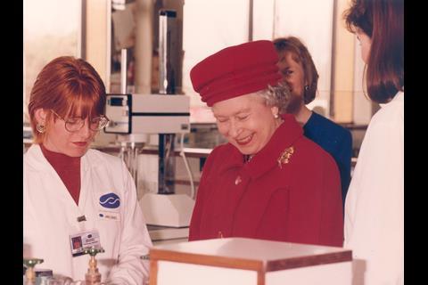 The Queen visits Boots’ Nottingham headquarters to mark the retailer’s centenary year in 1997. During a tour of Boots’ development laboratories, Her Majesty speaks to technical officer Carol Cresswell about lipstick moulding